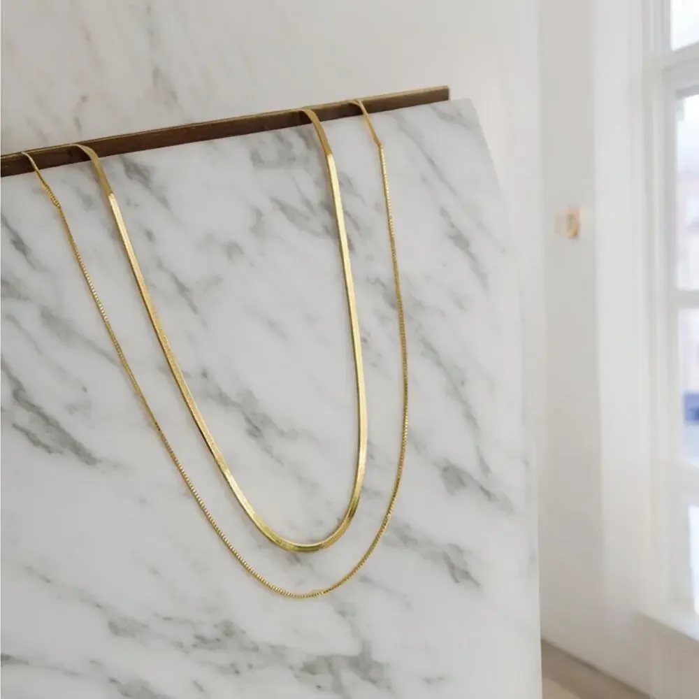 NEW 18K yellow gold filled flat layered double snake chain necklace jewelry B8A